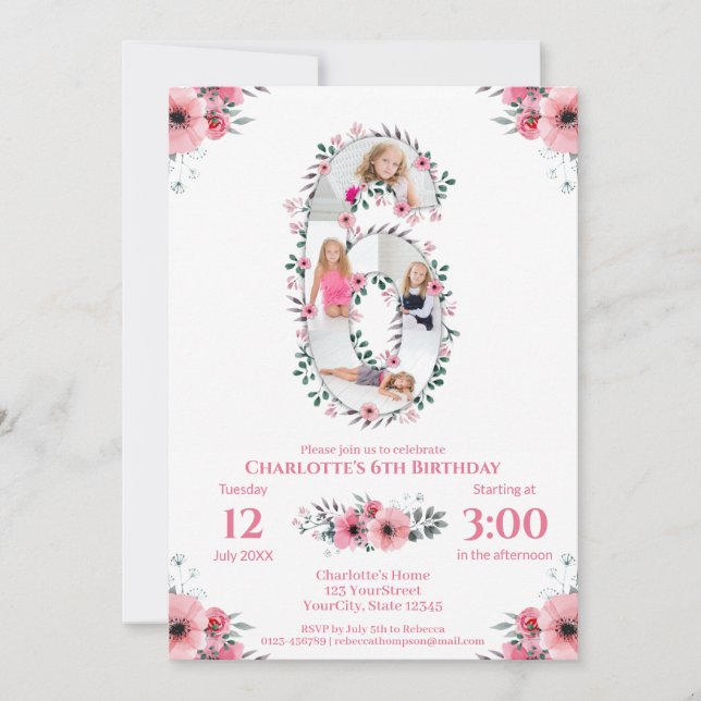 Big 6e Birthday Girl Photo Collage Rosa Flower Inbjudningar (Framsida)