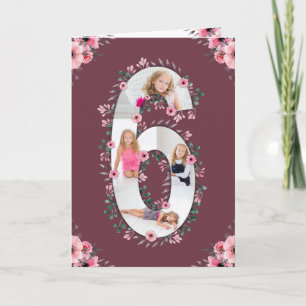 Big 6e Birthday Girl Photo Collage Rosa Flower Kort