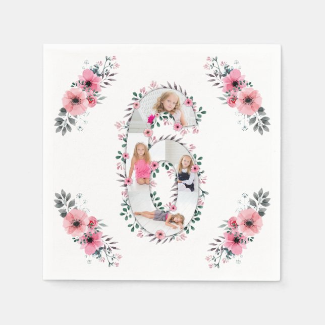 Big 6e Birthday Girl Photo Collage Rosa Flower Pappersservett (Framsidan)