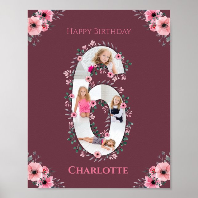 Big 6e Birthday Girl Photo Collage Rosa Flower Poster (Framsidan)
