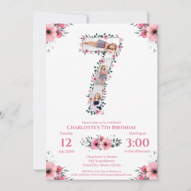 Big 7:e Birthday Girl Photo Collage Rosa Flower Inbjudningar (Framsida)