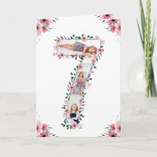 Big 7:e Birthday Girl Photo Collage Rosa Flower Kort