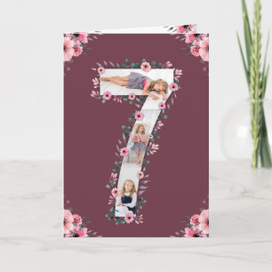 Big 7:e Birthday Girl Photo Collage Rosa Flower Kort