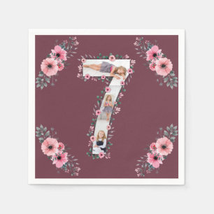 Big 7:e Birthday Girl Photo Collage Rosa Flower Pappersservett