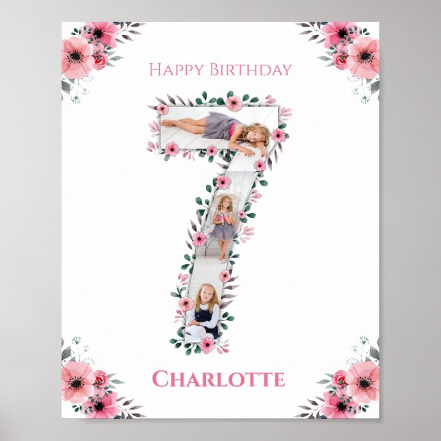 Big 7:e Birthday Girl Photo Collage Rosa Flower Poster (Framsidan)