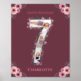 Big 7:e Birthday Girl Photo Collage Rosa Flower Poster