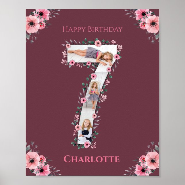 Big 7:e Birthday Girl Photo Collage Rosa Flower Poster (Framsidan)