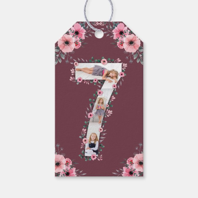 Big 7:e Birthday Girl Photo Collage Rosa Flower Presentetikett (Framsidan)