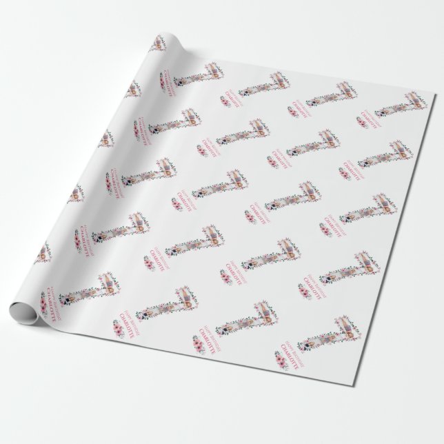 Big 7:e Birthday Girl Photo Collage Rosa Flower Presentpapper (Utrullad)