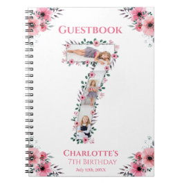 Big 7:e Birthday Girl Photo Rosa Flower Guest Bok Anteckningsbok