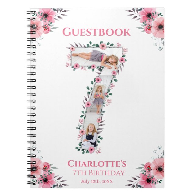 Big 7:e Birthday Girl Photo Rosa Flower Guest Bok Anteckningsbok (Framsidan)
