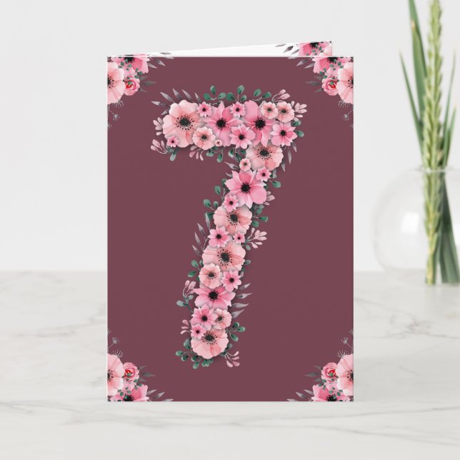Big 7:e Birthday Rosa Flowers Grönt Foliage Girl Kort (Framsida)