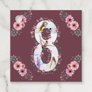 Big 8th Birthday Girl Photo Collage Rosa Flower Fa Gåvor Etiketter