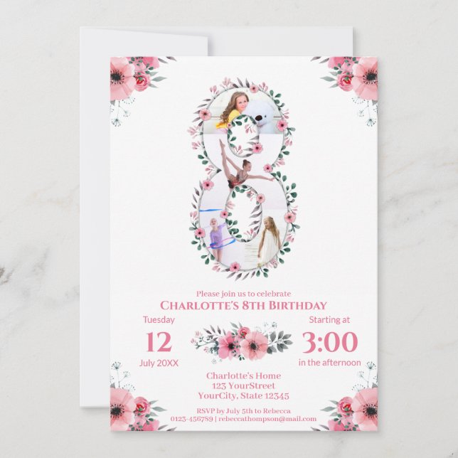 Big 8th Birthday Girl Photo Collage Rosa Flower Inbjudningar (Framsida)