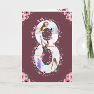 Big 8th Birthday Girl Photo Collage Rosa Flower Kort