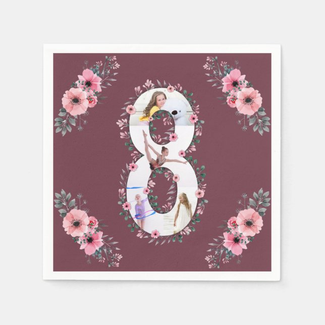 Big 8th Birthday Girl Photo Collage Rosa Flower Pappersservett (Framsidan)