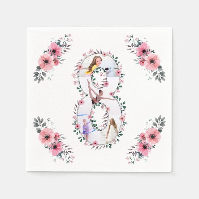 Big 8th Birthday Girl Photo Collage Rosa Flower Pappersservett (Framsidan)