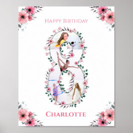 Big 8th Birthday Girl Photo Collage Rosa Flower Poster