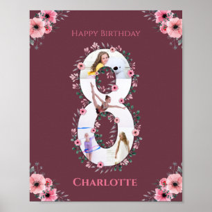 Big 8th Birthday Girl Photo Collage Rosa Flower Poster