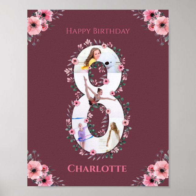Big 8th Birthday Girl Photo Collage Rosa Flower Poster (Framsidan)