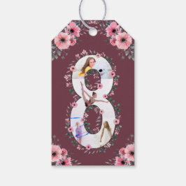 Big 8th Birthday Girl Photo Collage Rosa Flower Presentetikett