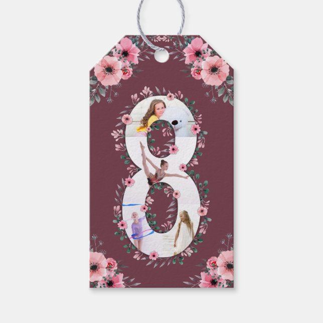 Big 8th Birthday Girl Photo Collage Rosa Flower Presentetikett (Framsidan)