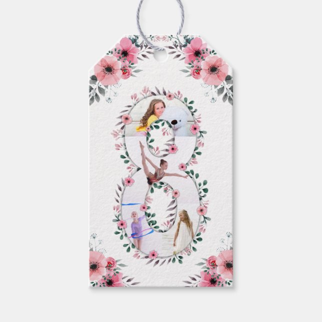 Big 8th Birthday Girl Photo Collage Rosa Flower Presentetikett (Framsidan)