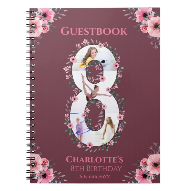 Big 8th Birthday Girl Photo Rosa Flower Guest Bok Anteckningsbok (Framsidan)