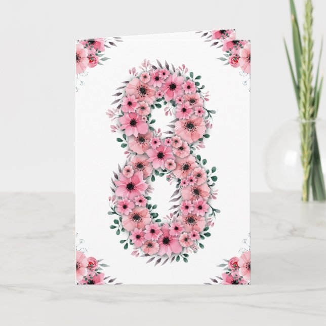 Big 8th Birthday Girl Rosa Flowers Grönt Foliage Kort (Framsida)