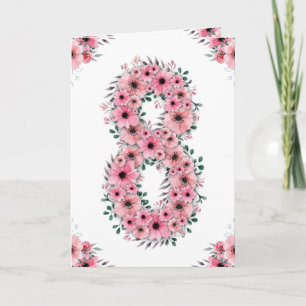 Big 8th Birthday Girl Rosa Flowers Grönt Foliage Kort