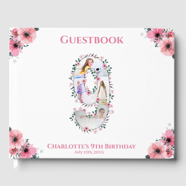 Big 9 Birthday Photo Collage Flower Girl White Gästböcker (Framsida)