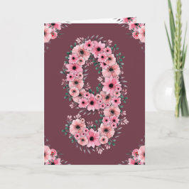 Big 9th Birday Rosa Flowers Grönt Foliage Girl Kort