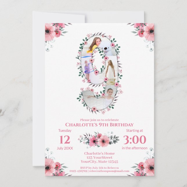 Big 9th Birthday Girl Photo Collage Rosa Flower Inbjudningar (Framsida)