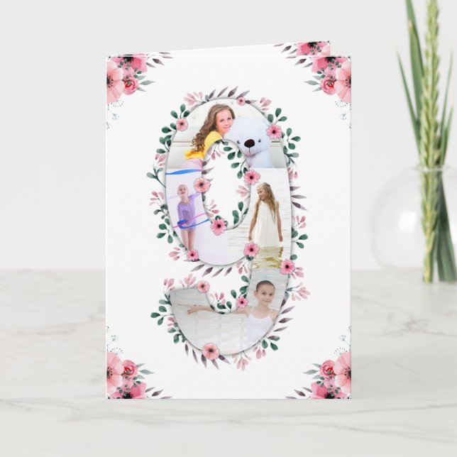 Big 9th Birthday Girl Photo Collage Rosa Flower Kort (Framsida)