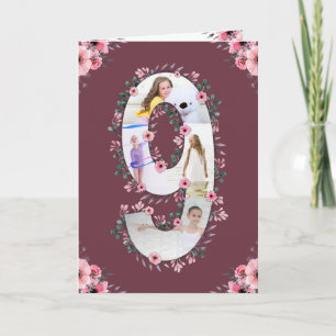 Big 9th Birthday Girl Photo Collage Rosa Flower Kort