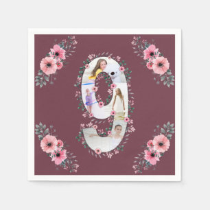Big 9th Birthday Girl Photo Collage Rosa Flower Pappersservett