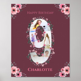 Big 9th Birthday Girl Photo Collage Rosa Flower Poster