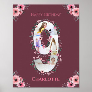 Big 9th Birthday Girl Photo Collage Rosa Flower Poster