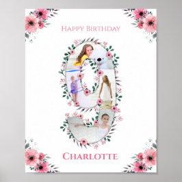 Big 9th Birthday Girl Photo Collage Rosa Flower Poster