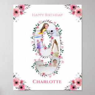 Big 9th Birthday Girl Photo Collage Rosa Flower Poster