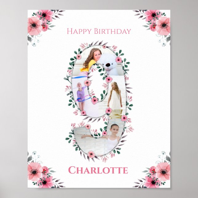 Big 9th Birthday Girl Photo Collage Rosa Flower Poster (Framsidan)