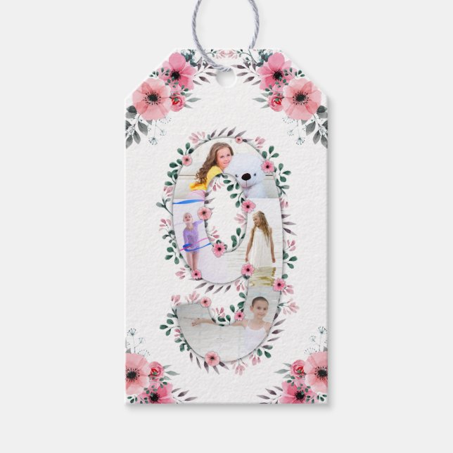 Big 9th Birthday Girl Photo Collage Rosa Flower Presentetikett (Framsidan)