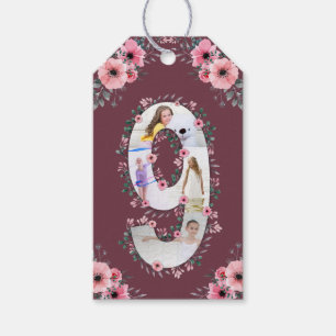 Big 9th Birthday Girl Photo Collage Rosa Flower Presentetikett