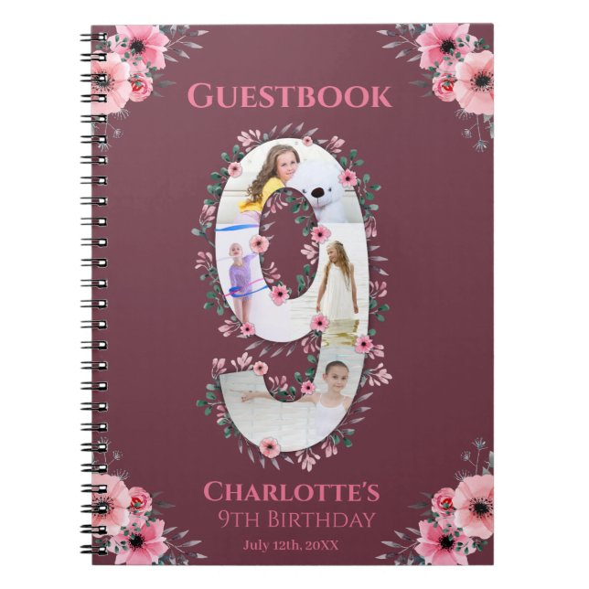 Big 9th Birthday Girl Photo Rosa Flower Guest Bok Anteckningsbok (Framsidan)