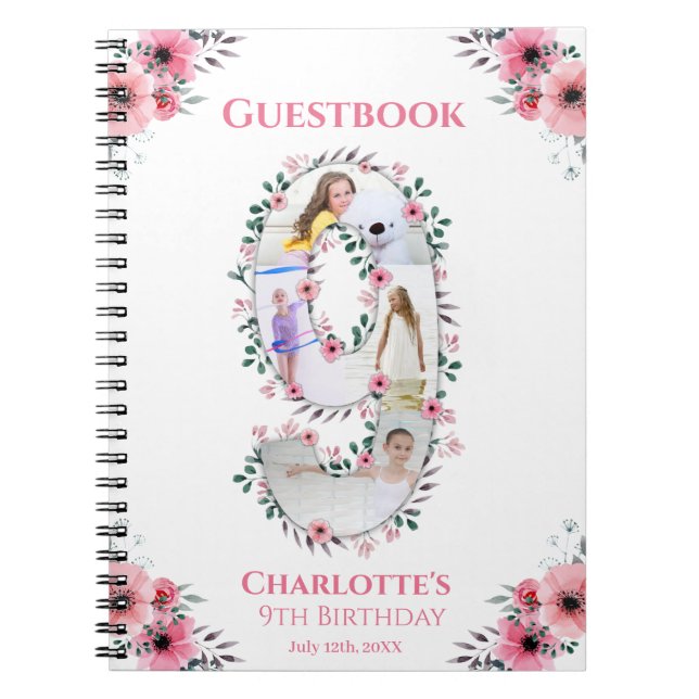 Big 9th Birthday Girl Photo Rosa Flower Guest Bok Anteckningsbok (Framsidan)