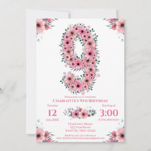 Big 9th Birthday Grönt Foliage Girl Rosa Flowers Inbjudningar
