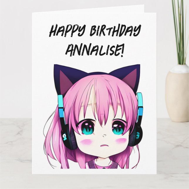 Big Anime Girl med hörlurar Cat Öron Birthday Kort (Framsida)