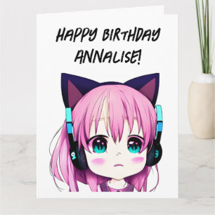 Big Anime Girl med hörlurar Cat Öron Birthday Kort