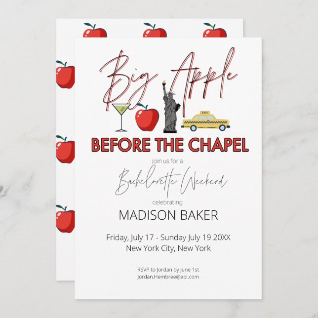 Big Apple före Chapel Bachelorette Inbjudan (Fram/baksida)