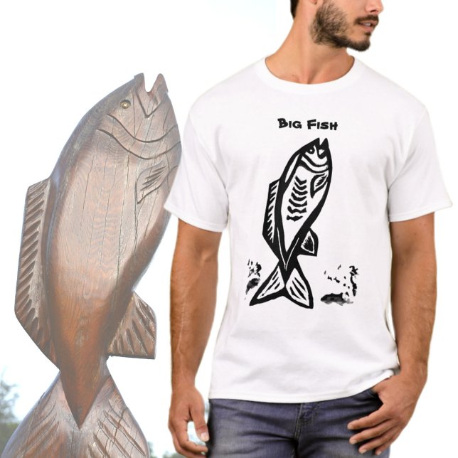 Big Bass Fish Primitive Art Black and White T Shirt (Skapare uppladdad)